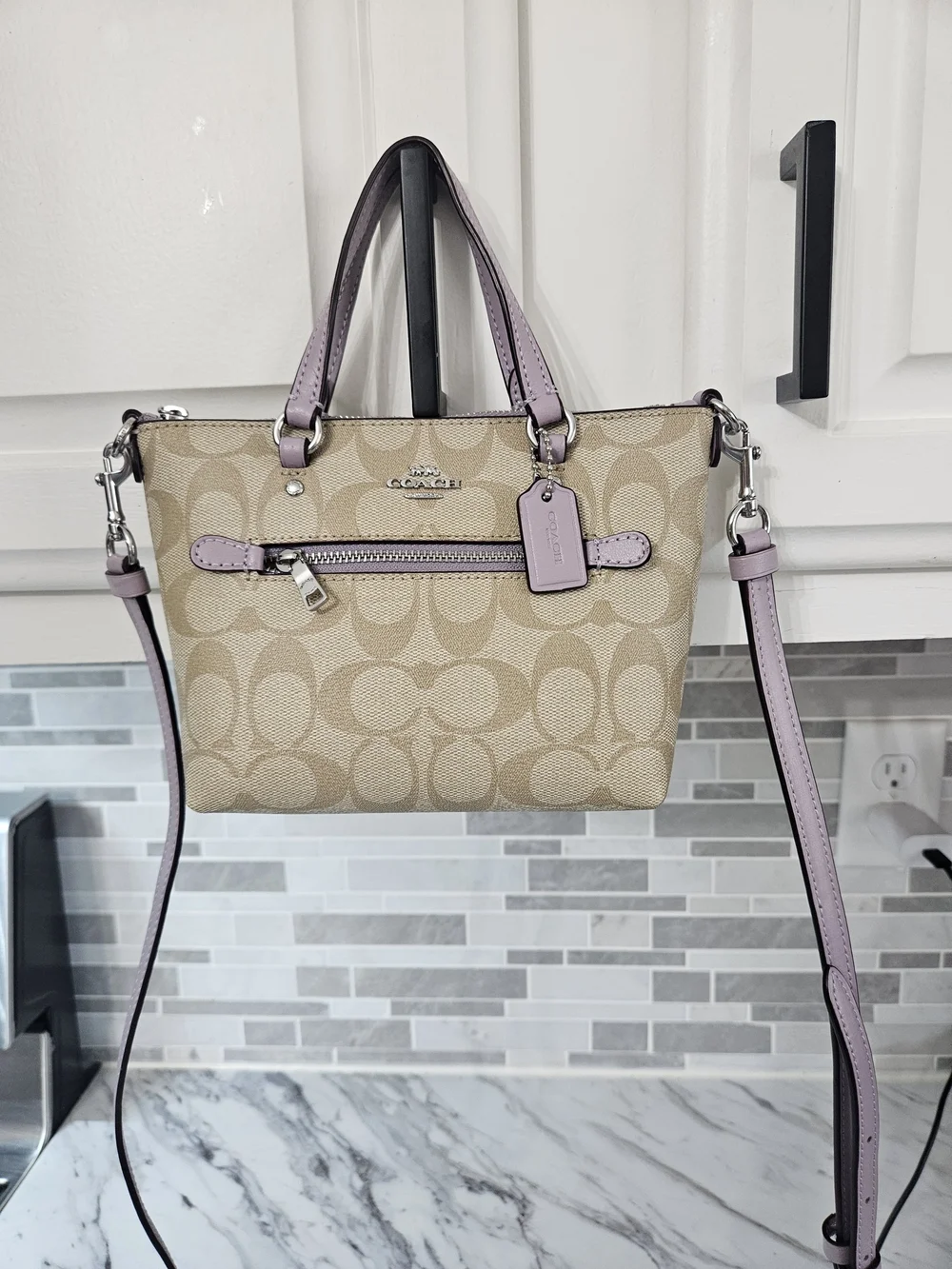 COACH Gallery Mini Canvas Crossbody in Beige with Lavender Trim